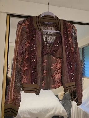 Embroidered Mesh Bomber Jacket With Tank Top- Mauve/Pink